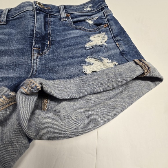 American Eagle Shortie Short Womens Size 4 Hi Rise Blue Cuffed Distressed Denim - Picture 2 of 14
